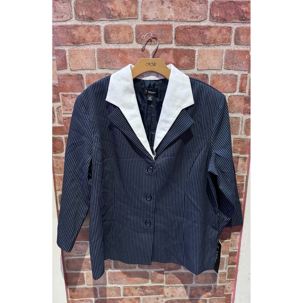 T. Milano Suit Top Women's Size 18 Navy Blue Striped Button Down V Neck Collared